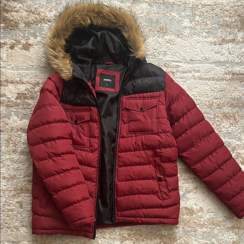 Men’s Burton Menswear London Red & Black Puffer Jacket with Faux Fur Hood - Sz M